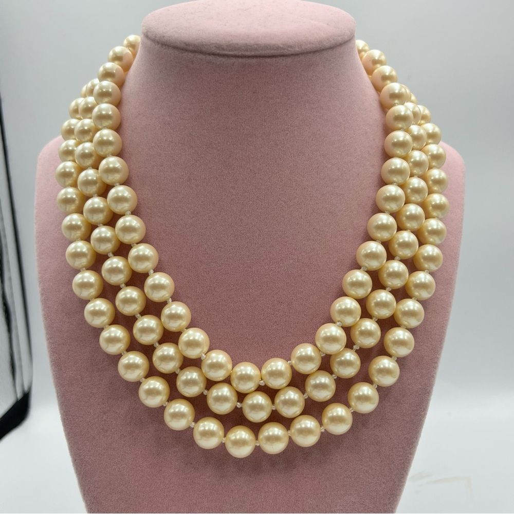 Vintage Monet golden Cream faux Pearl Necklace Three-Strand Classic